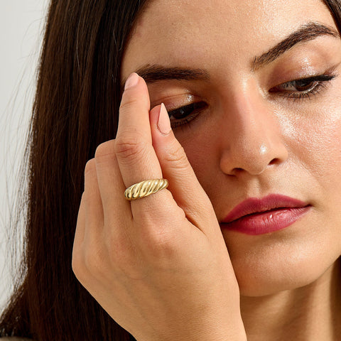 14K Solid Gold Shrimp Croissant Dome Ring – Chunky Twisted Rope Statement Band