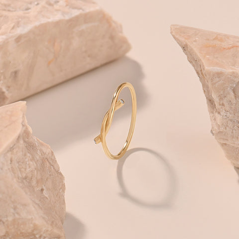 14k Solid Gold Diamond Knot Ring for Women | Tiny Diamond Love Knot Band | Infinity Friendship Promise Jewelry Gift (Yellow/Rose/White Gold)