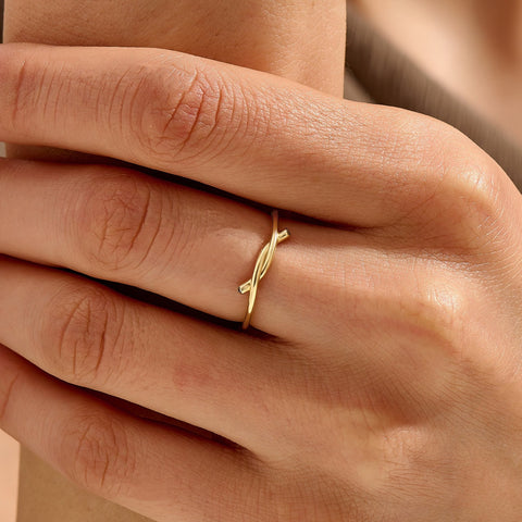 14k Solid Gold Diamond Knot Ring for Women | Tiny Diamond Love Knot Band | Infinity Friendship Promise Jewelry Gift (Yellow/Rose/White Gold)
