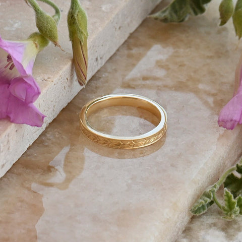 3mm Wheat Engraved Ring 14K Gold – His and Hers Simple Marriage Band