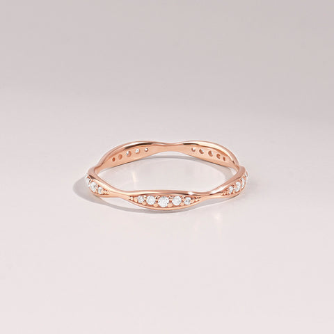 14K Solid Gold Diamond Wave Band – Pave Eternity Ring | Minimalist Wedding Band & Stackable Engagement Stacker