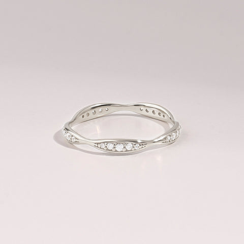 14K Solid Gold Diamond Wave Band – Pave Eternity Ring | Minimalist Wedding Band & Stackable Engagement Stacker