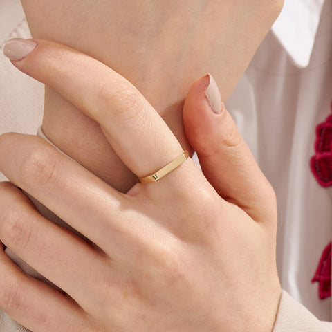 14k Solid Gold Signet Bar Ring – Modern Thick Flat Line Ring, Unique Geometric Handmade Band