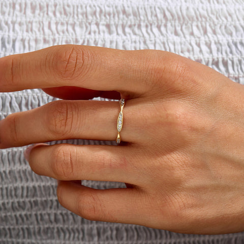14K Solid Gold Diamond Wave Band – Pave Eternity Ring | Minimalist Wedding Band & Stackable Engagement Stacker