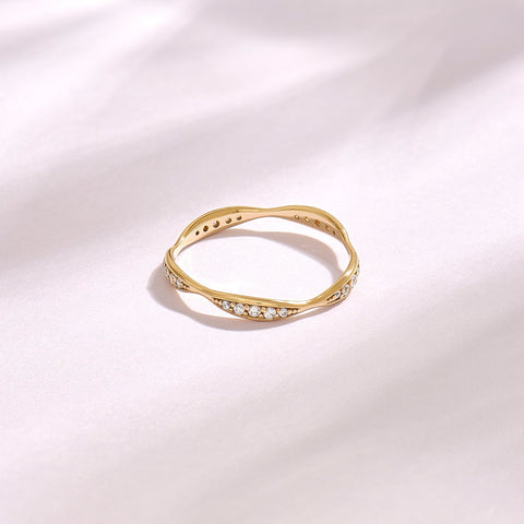 14K Solid Gold Diamond Wave Band – Pave Eternity Ring | Minimalist Wedding Band & Stackable Engagement Stacker