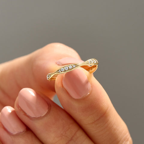 14K Solid Gold Diamond Wave Band – Pave Eternity Ring | Minimalist Wedding Band & Stackable Engagement Stacker