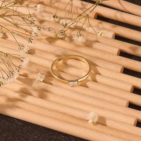 Baguette Solitaire 14k Solid Gold Diamond Ring - Minimalist East West Engagement Band for Women
