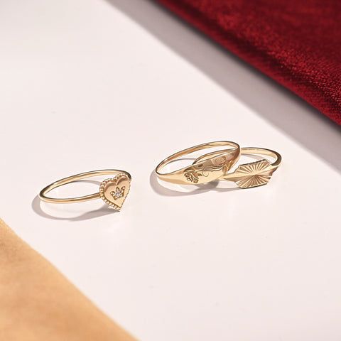 Sun Engraved 14k Real Gold Signet Ring – Dainty Slim Pinky Band | Celestial Stacking Jewelry Gift for Women