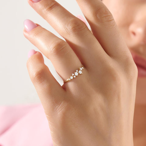 14k Solid Gold Diamond Cluster Ring • Unique Stackable Wedding Band • Dainty Minimalist Gift for Mom/Her