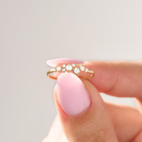 14k Solid Gold Diamond Cluster Ring • Unique Stackable Wedding Band • Dainty Minimalist Gift for Mom/Her