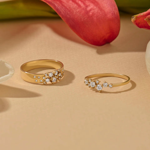14k Solid Gold Diamond Cluster Ring • Unique Stackable Wedding Band • Dainty Minimalist Gift for Mom/Her
