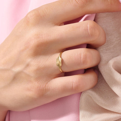 Sun Engraved 14k Real Gold Signet Ring – Dainty Slim Pinky Band | Celestial Stacking Jewelry Gift for Women