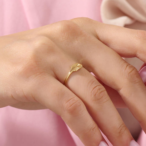 Sun Engraved 14k Real Gold Signet Ring – Dainty Slim Pinky Band | Celestial Stacking Jewelry Gift for Women