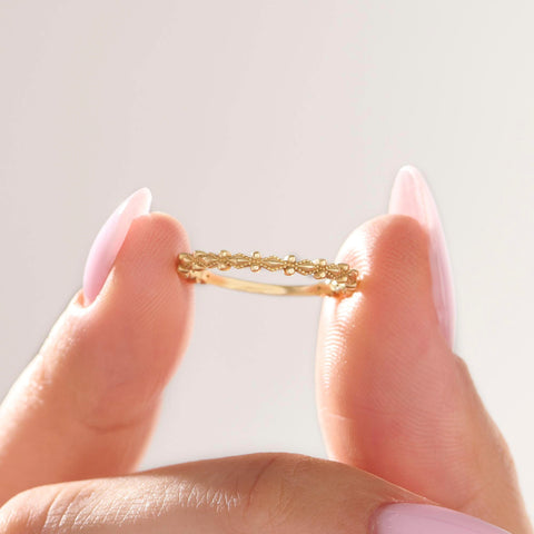 Dainty Milgrain Wedding Ring 14k Gold – Art Deco Minimalist Band, Handmade Stackable Jewelry
