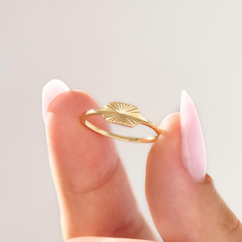 Sun Engraved 14k Real Gold Signet Ring – Dainty Slim Pinky Band | Celestial Stacking Jewelry Gift for Women