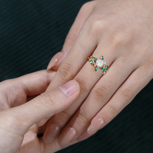 TwigLine Moissanite & Emerald Bypass Ring Nature Inspired Round Cut Engagement Ring