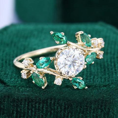 TwigLine Moissanite & Emerald Bypass Ring Nature Inspired Round Cut Engagement Ring