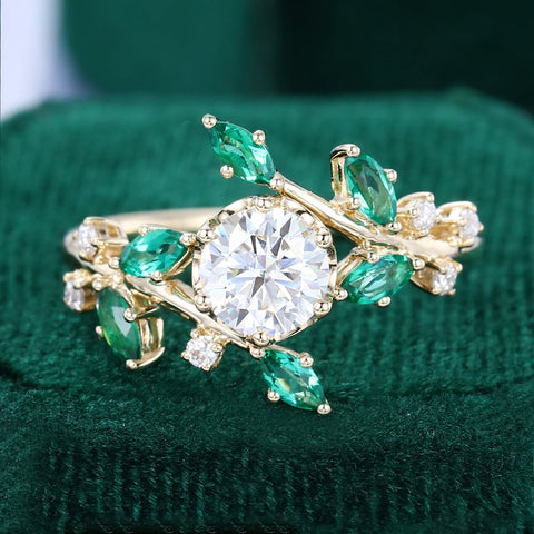 TwigLine Moissanite & Emerald Bypass Ring Nature Inspired Round Cut Engagement Ring