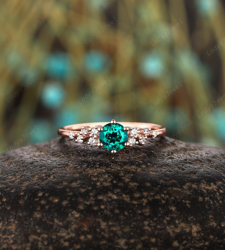 5mm Round Shape Emerald Cluster Engagement Ring, Unique 14K Rose Gold Emerald Snowdrift Wedding Ring, May Birthstone Promise Ring Gift