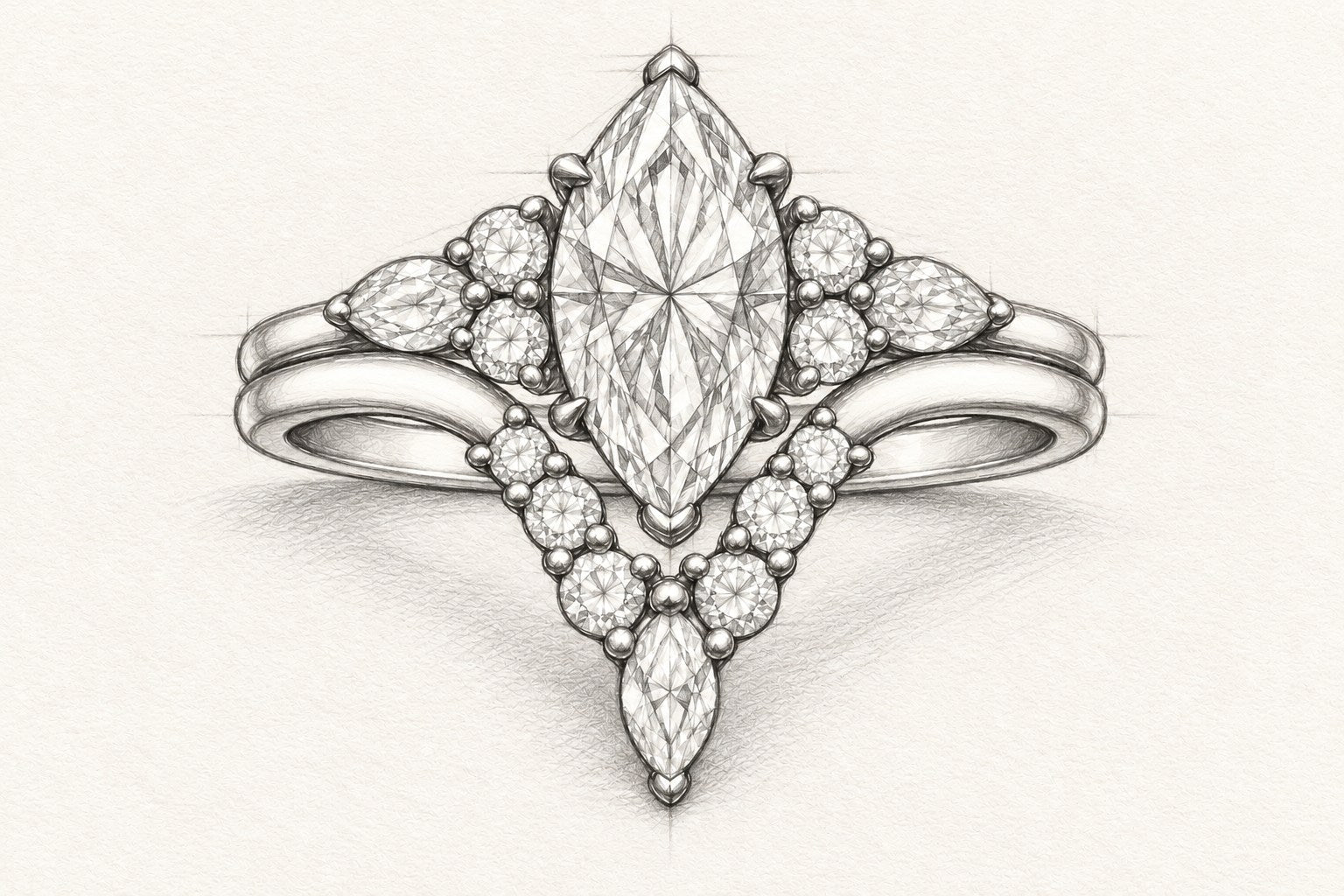 Pencil design sketch of a marquise bridal ring set with a curved wedding band