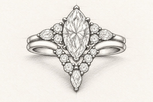 Pencil design sketch of a marquise bridal ring set with a curved wedding band