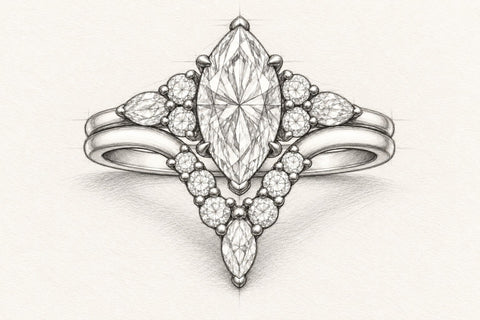 Pencil design sketch of a marquise bridal ring set with a curved wedding band